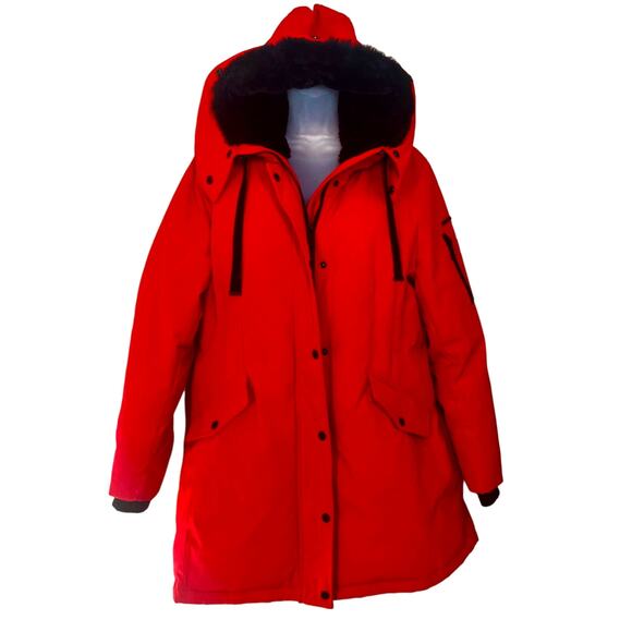 BCBG Generation Sz XL Red Parka Coat Warm Soft Faux Fur Lined Hood - Picture 1 of 7